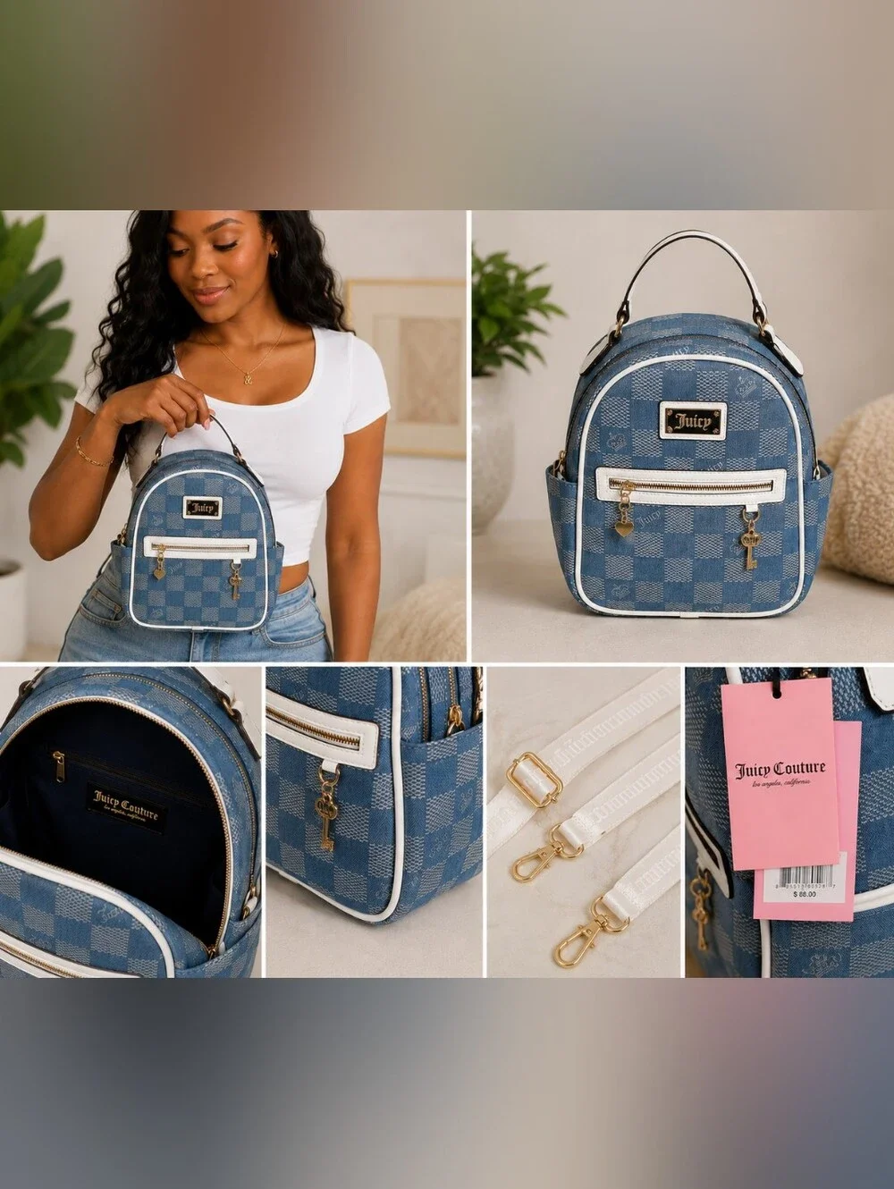 Juicy Couture Blue Checker Mini Backpack with White Trim